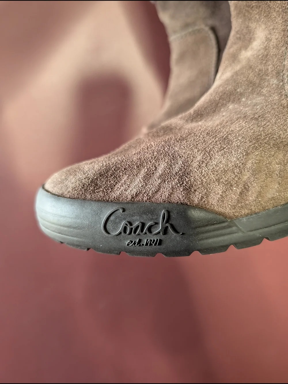 COACH Tatum Brown Suede Leather Fold-Over Wool Knit Monogram Logo Boots Sz7